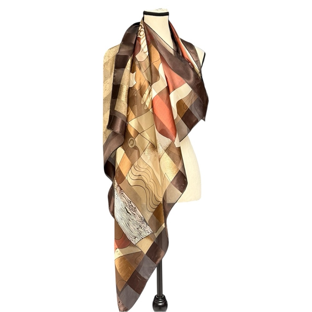 Vintage Picasso Abstract Silk Scarf Brown Earth Tones Large Semi Sheer Abstract - Picture 8 of 9